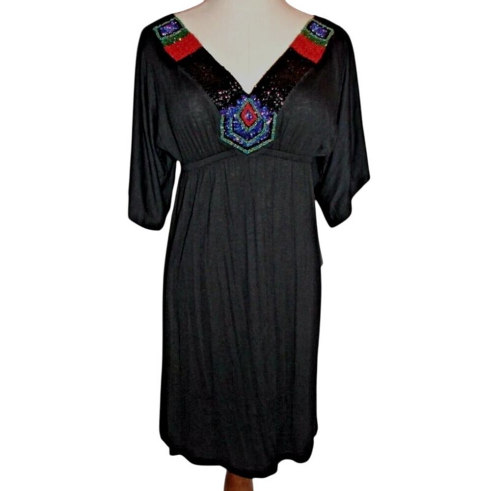 Mon Amie Beaded Neckline Dress Stretch Womens Sz Large Black FT9507 Made in USA